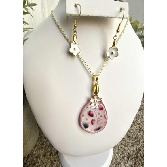 Handmade Resin Pink Strawberry and White 3 Piece Jewelry Set - Picture 3 of 5